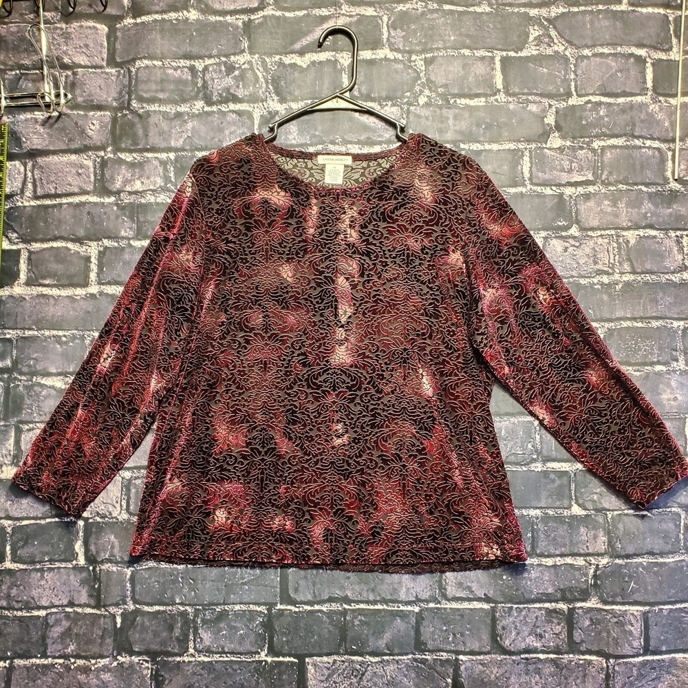 Laura Ashley Top Women Size M Burgundy Devore Burnout Velvet Vintage Long Sleeve